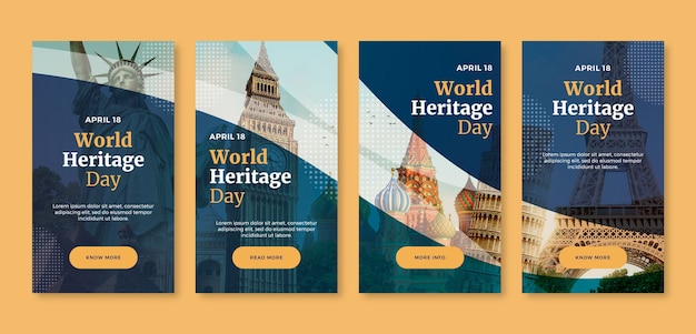 Vecteur gratuit collection d'histoires instagram dégradées de la journée du patrimoine mondial