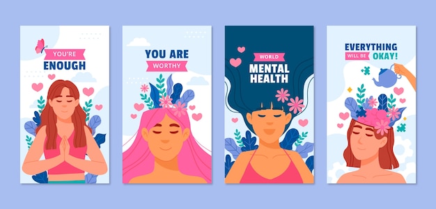 Collection d'histoires instagram design plat de la journée mondiale de la santé mentale