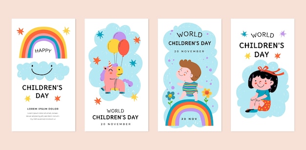 Vecteur gratuit collection d'histoires instagram dessinées à la main pour la célébration de la journée mondiale des enfants avec des enfants