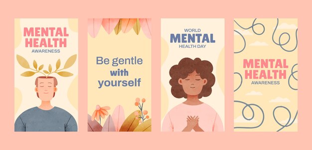Collection d'histoires Instagram dessinées à la main pour la sensibilisation à la Journée mondiale de la santé mentale
