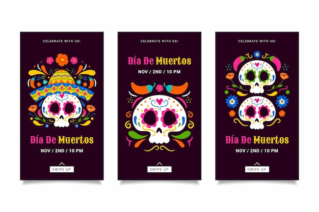 Vecteur gratuit collection d'histoires instagram dia de muertos dessinées à la main