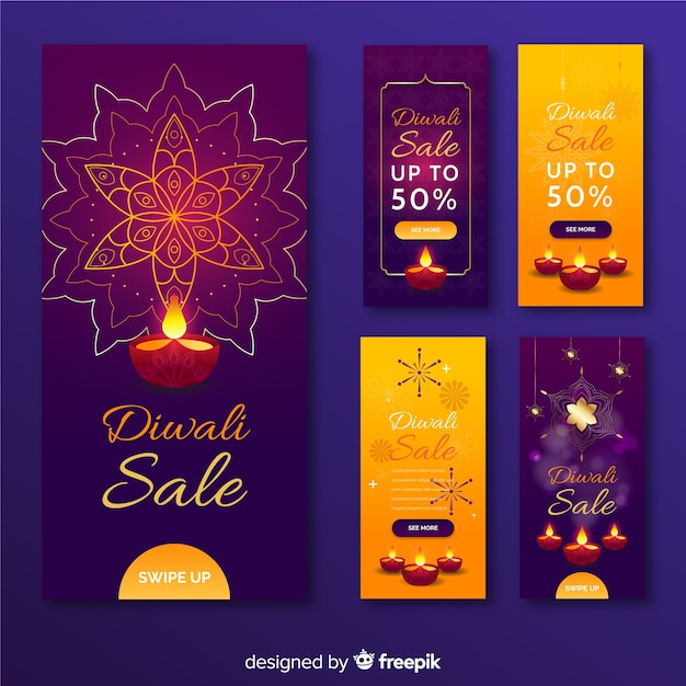 Vecteur gratuit collection d'histoires instagram diwali