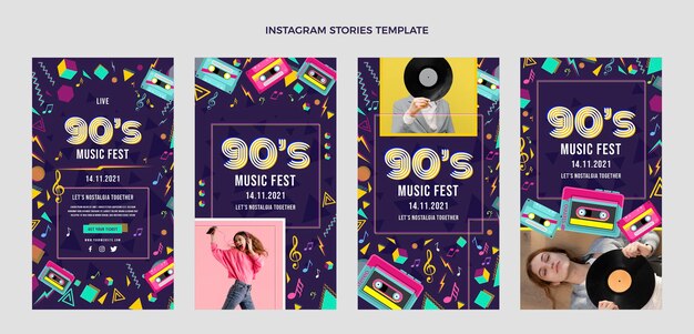 Vecteur gratuit collection d'histoires instagram du festival de musique nostalgique des années 90