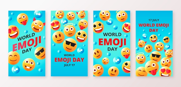 Vecteur gratuit collection d'histoires instagram du jour du monde emoji dégradé avec des émoticônes