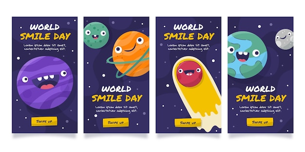 Vecteur gratuit collection d'histoires instagram du jour du sourire du monde plat dessiné à la main