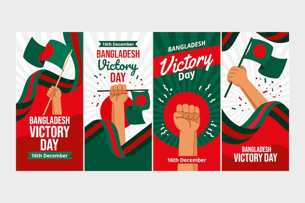 Vecteur gratuit collection d'histoires instagram du jour de la victoire du bangladesh plat dessiné à la main