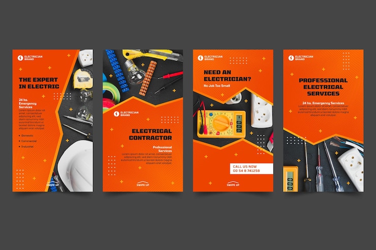 Vecteur gratuit collection d'histoires instagram d'électricien