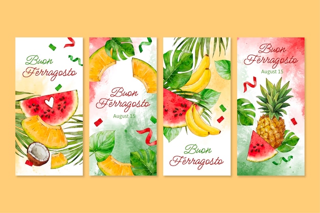 Vecteur gratuit collection d'histoires instagram ferragosto aquarelle