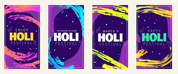 Vecteur gratuit collection d'histoires instagram festival holi dessinés à la main