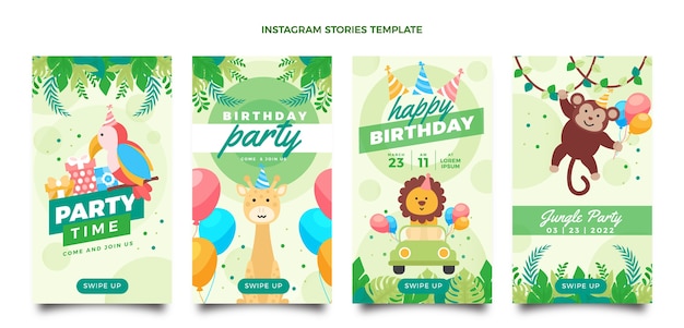 Vecteur gratuit collection d'histoires instagram de fête d'anniversaire dans la jungle plate