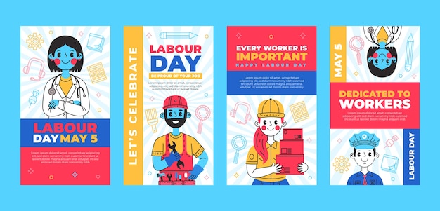 Vecteur gratuit collection d'histoires instagram de la fête du travail dessinées à la main