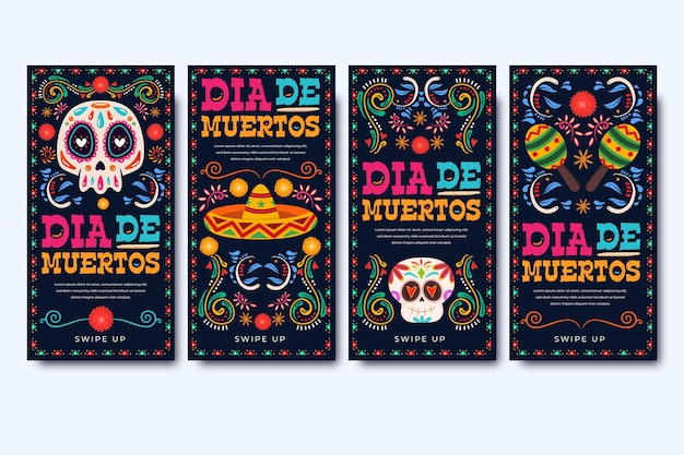 Vecteur gratuit collection d'histoires instagram flat dia de muertos