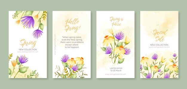 Collection d'histoires instagram florales de printemps aquarelle
