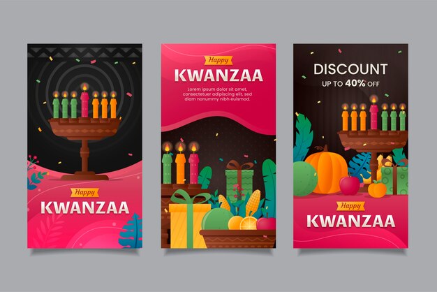 Vecteur gratuit collection d'histoires instagram de gradient kwanzaa