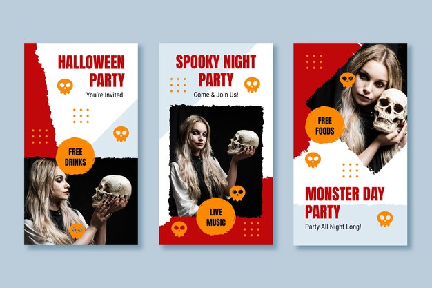 Collection d'histoires instagram d'halloween plat avec photo
