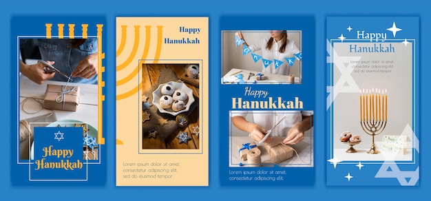 Vecteur gratuit collection d'histoires instagram de hanukkah dessinées à la main