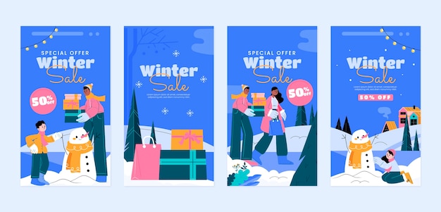 Vecteur gratuit collection d'histoires instagram d'hiver plat