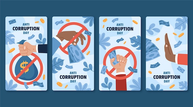 Collection d'histoires instagram de jour anti-corruption à plat dessiné à la main