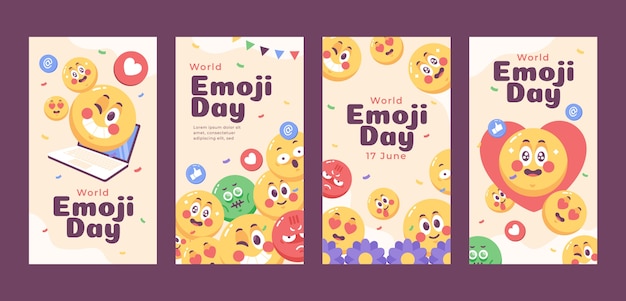 Collection d'histoires instagram de la journée emoji du monde plat avec des émoticônes