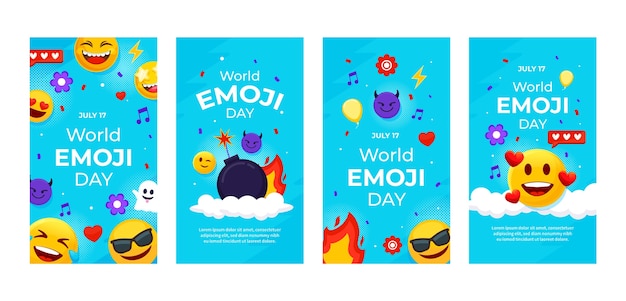 Vecteur gratuit collection d'histoires instagram de la journée des emoji du monde plat