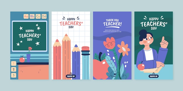 Collection d'histoires instagram de la journée des enseignants dessinées à la main
