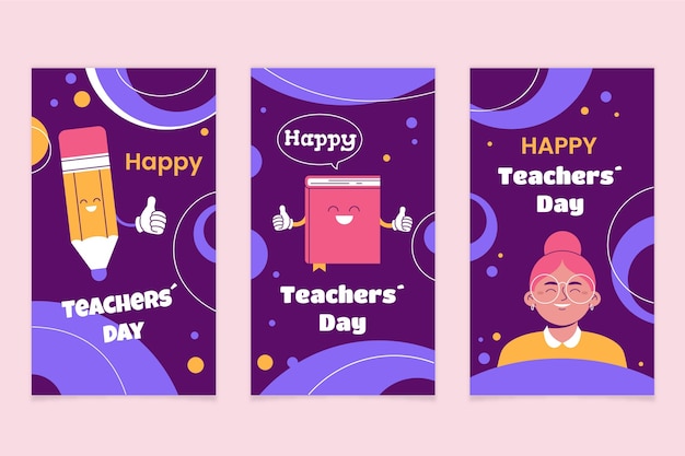 Collection D'histoires Instagram De La Journée Des Enseignants à Plat Dessinés à La Main