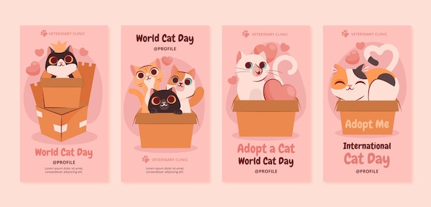 Vecteur gratuit collection d'histoires instagram de la journée internationale des chats plats