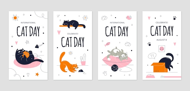 Vecteur gratuit collection d'histoires instagram de la journée internationale des chats plats