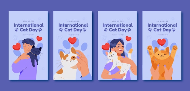 Vecteur gratuit collection d'histoires instagram de la journée internationale des chats plats