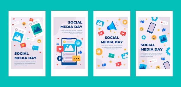 Vecteur gratuit collection d'histoires instagram de la journée des médias sociaux plats