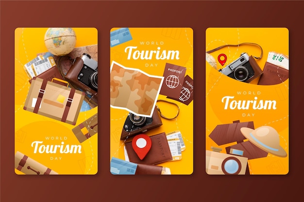 Vecteur gratuit collection d'histoires instagram de la journée mondiale du tourisme en dégradé avec photo