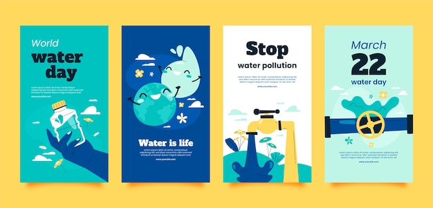 Vecteur gratuit collection d'histoires instagram de la journée mondiale de l'eau plate