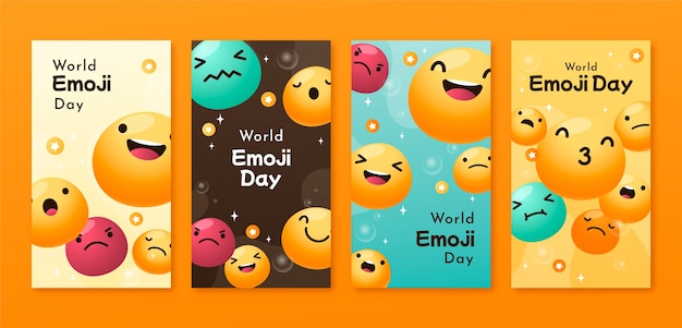 Vecteur gratuit collection d'histoires instagram de la journée mondiale des emoji dégradés