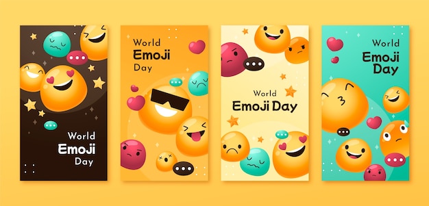 Vecteur gratuit collection d'histoires instagram de la journée mondiale des emoji dégradés