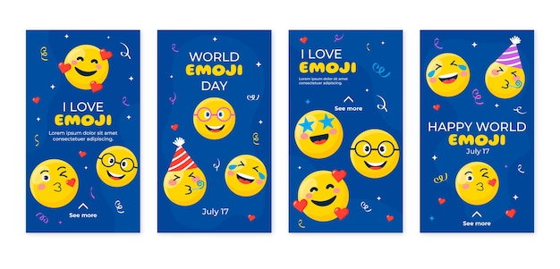 Vecteur gratuit collection d'histoires instagram de la journée mondiale des emoji dessinées à la main