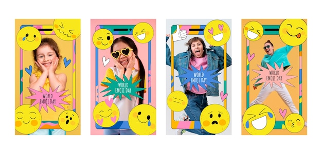 Collection D'histoires Instagram De La Journée Mondiale Emoji Dessinées à La Main