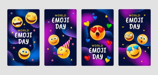 Collection d'histoires instagram de la journée mondiale des emoji réalistes