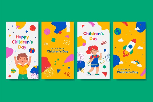 Collection d'histoires instagram de la journée mondiale des enfants dessinée à la main
