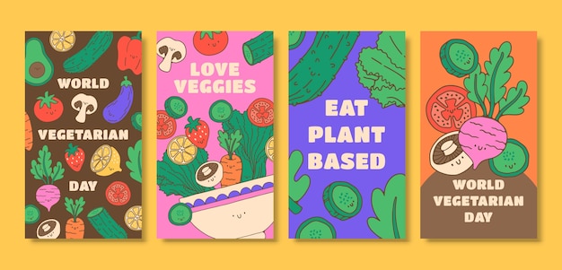 Vecteur gratuit collection d'histoires instagram de la journée mondiale des végétariens dessinées à la main