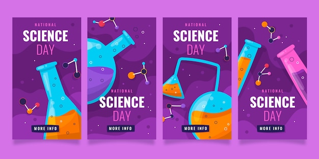 Vecteur gratuit collection d'histoires instagram de la journée nationale de la science à plat