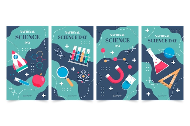 Vecteur gratuit collection d'histoires instagram de la journée nationale de la science à plat