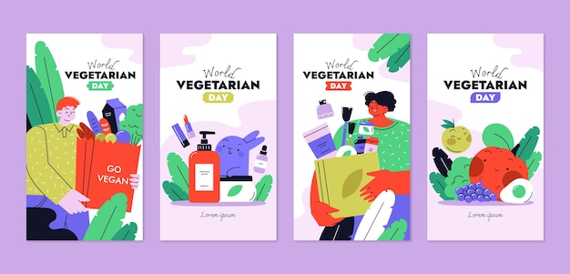 Vecteur gratuit collection d'histoires instagram de la journée végétarienne du monde plat