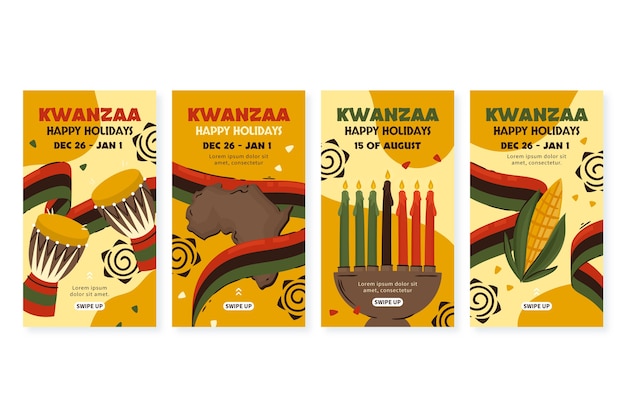 Vecteur gratuit collection d'histoires instagram kwanzaa plates dessinées à la main