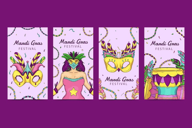 Vecteur gratuit collection d'histoires instagram de mardi gras dessinées à la main