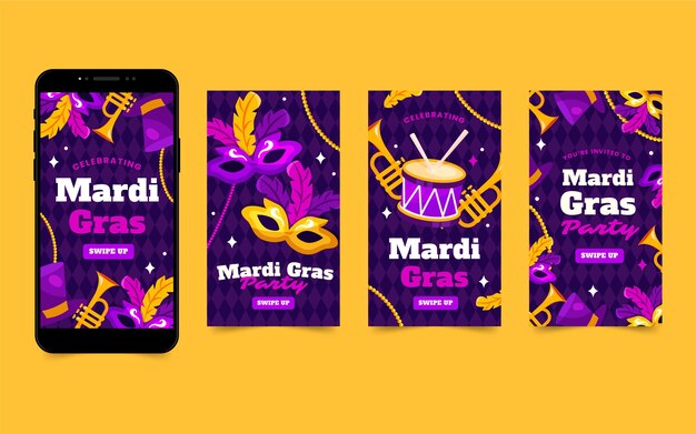 Collection d'histoires instagram de mardi gras plat