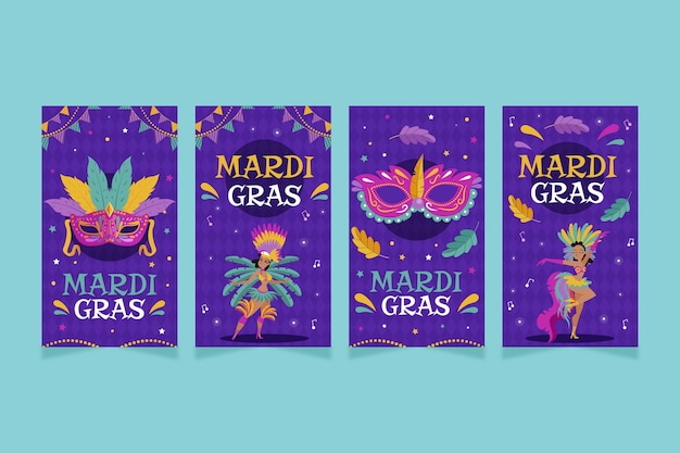 Vecteur gratuit collection d'histoires instagram de mardi gras plat