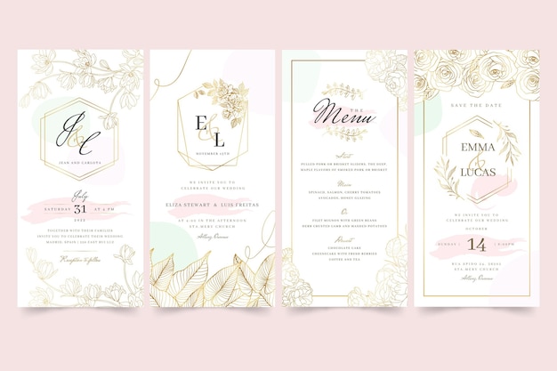 Vecteur gratuit collection d'histoires instagram de mariage floral