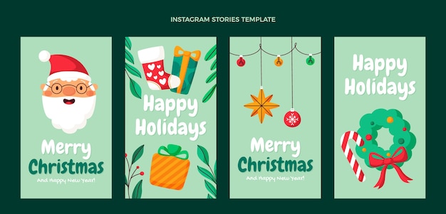 Vecteur gratuit collection d'histoires instagram de noël plat dessinés à la main