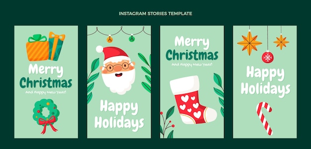 Vecteur gratuit collection d'histoires instagram de noël plat dessinés à la main