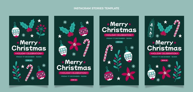 Vecteur gratuit collection d'histoires instagram de noël plat dessinés à la main